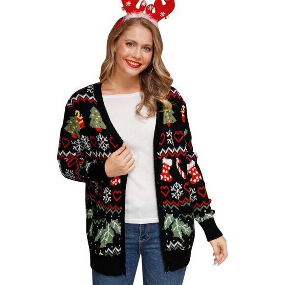 Womens Christmas Cardigan Funny Button Down Ugly Sweater with Pockets - Picture 1 of 7